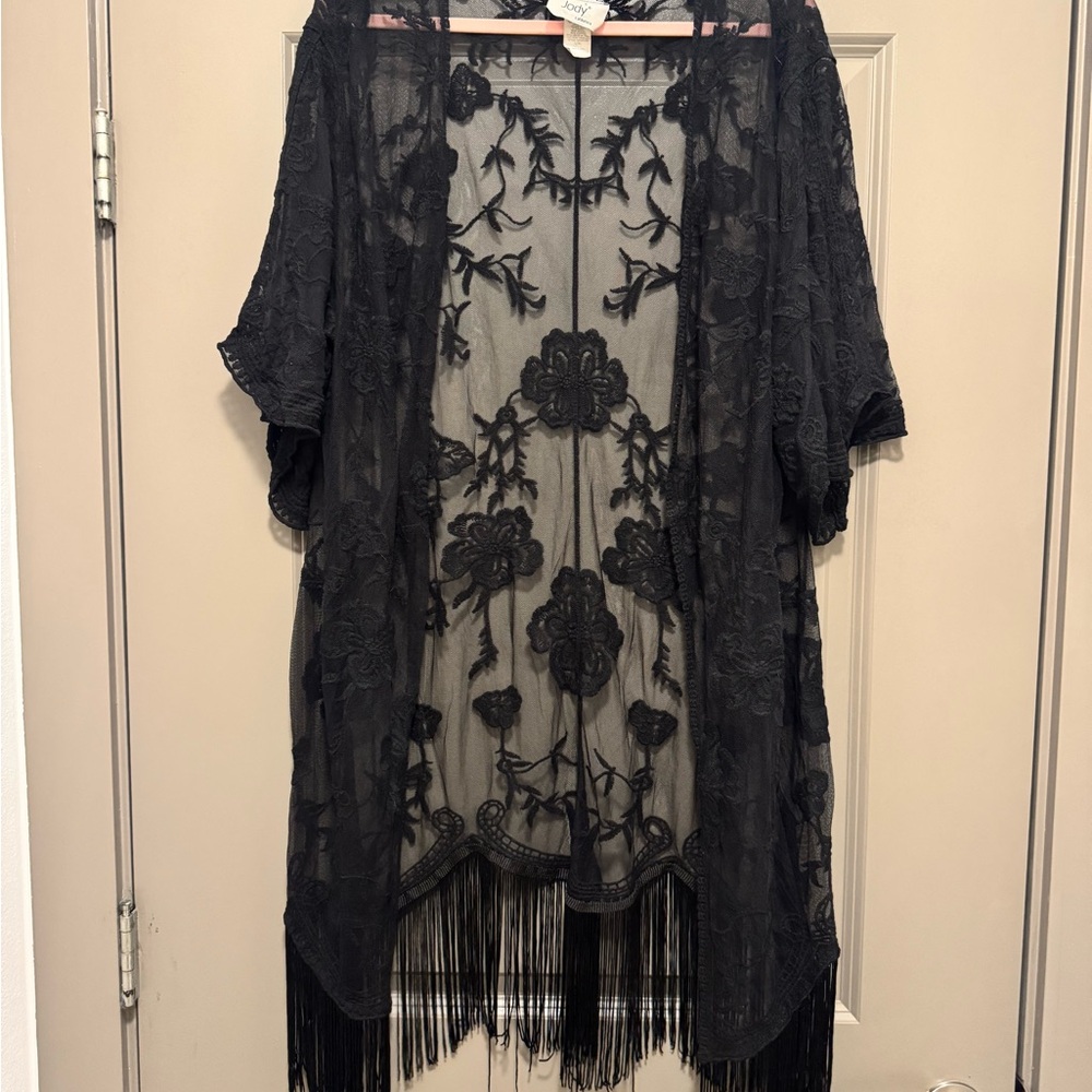 Elegant Black Lace Kimono with Fringe